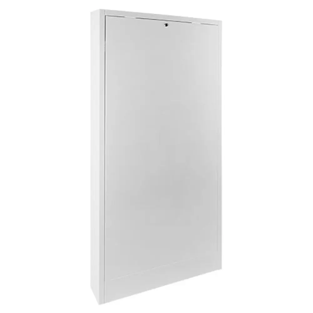 Weißer Aufputzschrank mit glatter Frontfläche, geeignet für Elektroinstallationen. Hergestellt von Wolf, bietet Platz für Schalt- und Sicherungselemente.